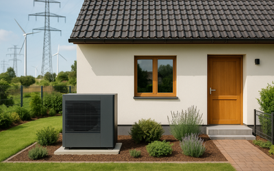 Ein modernes Haus mit einem grauen Wärmepumpensystem im Vordergrund. Der Garten ist gepflegt mit verschiedenen Sträuchern. Im Hintergrund sind Windkraftanlagen zu sehen, die auf erneuerbare Energie hinweisen. Es ist ein sonniger Tag mit grünem Gras und Blumen.