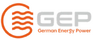 Das Bild zeigt das Logo von German Energy Power (GEP). Es besteht aus einem stilisierten Wassertropfen in orange mit vier geschwungenen Linien und dem Schriftzug "GEP" in grauer Schrift, darunter steht "German Energy Power" in orange.