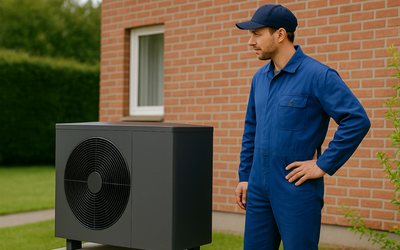 Ein Techniker in blauer Arbeitskleidung steht neben einer schwarzen Klimaanlage oder Wärmepumpe, die auf einem Podest platziert ist. Er schaut nachdenklich auf das Gerät, vor einer Backsteinwand in einem Garten.