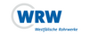 Das Bild zeigt das Logo der Westfälischen Rohrwerke (WRW). Es besteht aus den großen Buchstaben „WRW“ in blauer Schrift und dem vollständigen Namen „Westfälische Rohrwerke“ darunter.