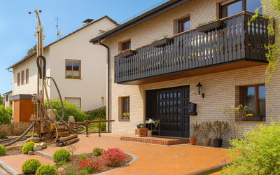 Ein modernes Einfamilienhaus mit einem markanten Balkon aus Holz. Der Eingangsbereich ist mit Terrakottaplätten gestaltet, umgeben von gepflegten Sträuchern und Blumen. Im Vordergrund steht ein Bohrgerät, das auf den Garten zeigt und auf mögliche Renovierungsarbeiten hinweist.