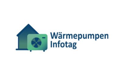 Logo für den Wärmepumpen-Infotag. Es zeigt ein stilisiertes Haus und ein Symbol für eine Wärmepumpe. Der Text „Wärmepumpen Infotag“ ist deutlich sichtbar und informiert über eine Veranstaltung zu Wärmepumpen.