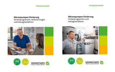 Zwei informative Buchcover zum Thema Wärmepumpenförderung. Links ein Mann und eine Frau in einem Gespräch über Förderprogramme. Rechts ein Mann, der an einem Wärmepumpensystem arbeitet. Beide Cover beinhalten den Titel und Logos zur Unterstützung von Wärmepumpen.