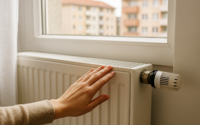 Eine Hand berührt einen Heizkörper, während Licht durch ein Fenster scheint. Im Hintergrund sind Gebäude sichtbar. Die Hand deutet darauf hin, dass die Temperatur kontrolliert wird oder dass der Heizkörper in Betrieb ist.