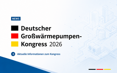 Grafik zum Deutschen Großwärmepumpen-Kongress 2026. Oben steht „NEWS“, gefolgt von „Deutscher Großwärmepumpen-Kongress 2026“. Ein Pfeil weist auf aktuelle Informationen zum Kongress hin. Die Farben Schwarz, Rot und Gelb deuten auf die deutsche Flagge hin.