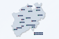 Eine Karte von Nordrhein-Westfalen, Deutschland, mit Städten wie Dortmund, Essen und Köln. Die Karte ist in zwei Blöcke unterteilt: Block 1 (Mai-Juni) und Block 2 (Sept-Okt), jeweils farblich hervorgehoben.