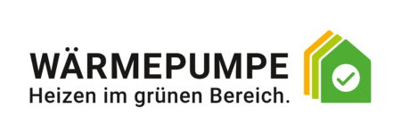 Wärmpumpe-Logo mit dem Slogan "Heizen im grünen Bereich". Das Logo hebt effizientes und umweltfreundliches Heizen hervor.