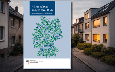 Titelbild des Klimaschutzprogramms 2026. Es zeigt eine grüne und blaue Illustration einer Karte Deutschlands, umgeben von Icons, die mit Umweltschutz und Nachhaltigkeit in Verbindung stehen. Der Hintergrund zeigt eine Wohnstraße mit modernen Gebäuden.