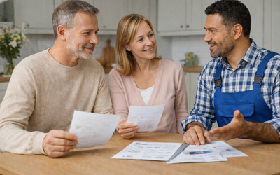 Ein älteres Paar und ein Handwerker sitzen an einem Tisch, besprechen Dokumente und lächeln. Der Handwerker erklärt etwas, während das Paar aufmerksam zuhört. Im Hintergrund ist eine helle, moderne Küche sichtbar.