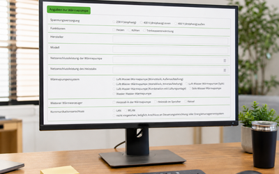 Auf dem Bildschirm ist ein Formular zur Eingabe von Informationen über eine Wärmepumpe zu sehen. Die Felder umfassen Spannungsversorgung, Funktionen, Hersteller, Modell sowie spezifische Anleitungen zur Wärmepumpe und zum Wärmespeicher. Im Hintergrund sind Fenster und Pflanzen zu erkennen.