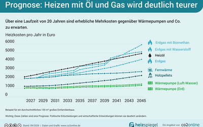 Ein Diagramm zeigt die Prognose der Heizkosten in Euro für verschiedene Heizmethoden wie Erdgas, Öl, Biogas, Holzpellets und Wärmepumpen über einen Zeitraum von 20 Jahren. Die Kurven verdeutlichen, dass Heizkosten für Öl und Gas erheblich steigen werden im Vergleich zu alternativen Methoden.