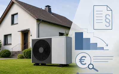 Ein modernes Wärmepumpen-Gerät steht im Vordergrund auf einer grünen Rasenfläche, vor einem Einfamilienhaus. Im Hintergrund sind grafische Symbole zu sehen, die Energiepreise, Diagramme und rechtliche Dokumente darstellen.