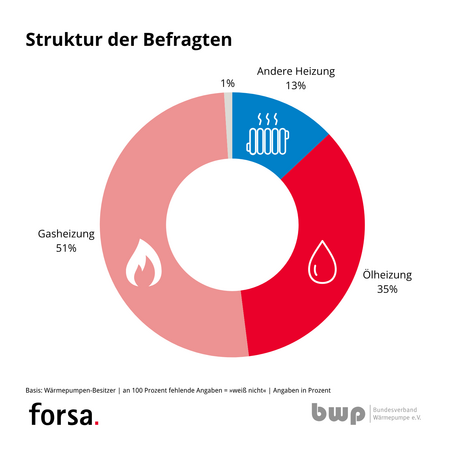 Kreisdiagramm zur Heizungsstruktur von Befragten: 51% nutzen Gasheizung, 35% Ölheizung, 13% andere Heizungsarten und 1% keine Angabe. Daten stammen von Wärmepumpen-Besitzern.