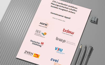 Ein Dokument auf einem grauen Hintergrund, das einen gemeinsamen Appell zur Einführung des ETS 2 enthält. Darunter sind mehrere Logos von Organisationen abgebildet. Das Datum ist der 6. Oktober 2016, und der Ort ist Berlin.