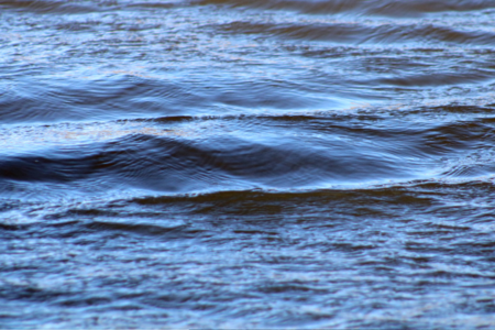 Eine Nahaufnahme von sanften Wellen auf Wasser. Die Oberfläche reflektiert Licht und wirkt bläulich und glitzernd. Die Wellen sind gleichmäßig und bringen ein Gefühl von Ruhe und Bewegung.