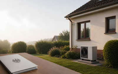 Eine moderne Wärmepumpe steht an der Wand eines Hauses in einem grünen Garten. Im Vordergrund liegt ein offenes Heft auf einem Tisch. Der Himmel ist hell und die Umgebung wirkt ruhig und einladend.