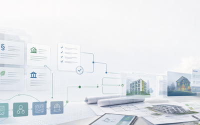 Eine visualisierte Darstellung eines modernen Arbeitsbereichs mit Plänen und Diagrammen, die Bauprojekte und innovative Technologien darstellen. Symbole für Gebäude, gesetzliche Dokumente und Aufgaben werden in einem klaren, futuristischen Design angezeigt.